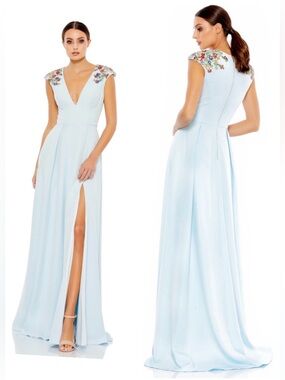 Mac Duggal 26540 Beaded Cap Sleeve V Neck A Line Gown Sz 10 in French Blue